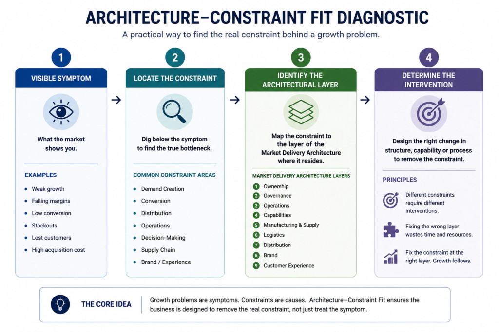 Architecture–Constraint Fit Diagnostic showing a four-step process for identifying growth constraints, locating the bottleneck, mapping it to the Market Delivery Architecture layer, and selecting the appropriate intervention.